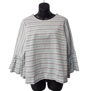 Hem & Thread Linen Striped Tie Neck Bell Sleeve Open Back Top Blouse Sz L NWT